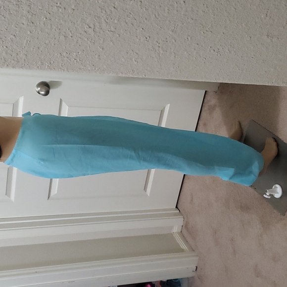 Aj Tropics Free size linen ocean blue palazzo pants semi sheer tie waist breezy - Picture 3 of 8